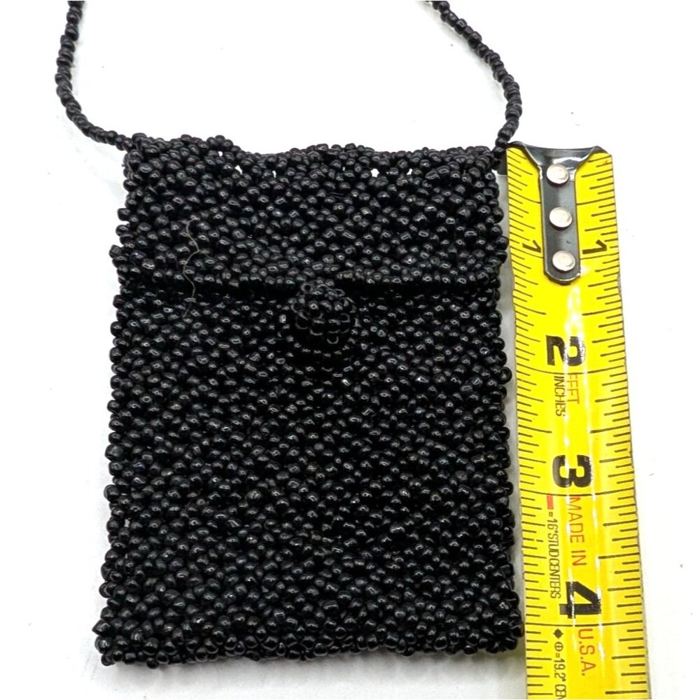 Vtg Handmade Black Beaded Mini Crossbody Bag  4"x3" Size - Picture 5 of 9